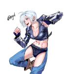  1girl angel_(kof) backless_pants blue_eyes boots bra breasts chaps cleavage cowboy_boots crop_top cropped_jacket fingerless_gloves gloves hair_over_one_eye highres jacket jopopnam00 large_breasts leather leather_jacket midriff navel panties pants short_hair smile snk solo strapless strapless_bra the_king_of_fighters the_king_of_fighters_xiv toned underwear white_hair 
