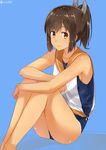  bare_shoulders blue_background brown_eyes brown_hair i-401_(kantai_collection) isshiki_(ffmania7) kantai_collection one-piece_swimsuit ponytail sailor_collar school_swimsuit school_uniform serafuku short_hair sitting smile solo swimsuit swimsuit_under_clothes tan 