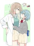  2girls ? blue_hair book border bow bowtie brown_hair coat collared_shirt doughnut doushitara_osananajimi_no_kanojo_ni_naremasu_ka earrings eye_contact food green_sweater grey_sweater hand_to_own_mouth highres holding holding_book holding_pen ikoma_minami jewelry looking_at_another makita_yuzu multiple_girls open_clothes open_coat outside_border pen pleated_skirt red_bow red_bowtie red_eyes shirt short_hair skirt sleeves_past_elbows sleeves_past_wrists sparkle spoken_question_mark sweater white_border white_coat white_shirt yasaka_shuu yellow_eyes yellow_skirt 