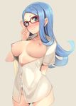  1girl adjusting_glasses atago_kinue blue_eyes blue_hair blush bottomless breasts dress_shirt glasses jpeg_artifacts long_hair naked_shirt nipple open_clothes open_shirt paseri photoshop red-framed_glasses saki shiny shiny_skin shirt solo standing 