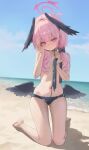  1girl absurdres ass_visible_through_thighs bare_shoulders barefoot beach bikini black_bikini black_wings blue_archive blue_sky blush body_markings closed_mouth cloud crying crying_with_eyes_open feathered_wings floral_print halo head_wings highres holding holding_clothes holding_swimsuit koharu_(blue_archive) koharu_(swimsuit)_(blue_archive) long_hair low_twintails low_wings mini_wings outdoors p00nipooni pink_eyes pink_hair pink_halo print_bikini sand sky solo swimsuit tears toes twintails unworn_bikini_top water wings wiping_tears 