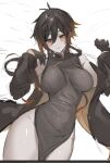  1girl antenna_hair bare_shoulders black_coat black_gloves black_hair blush breasts brown_coat brown_eyes brown_hair china_dress chinese_clothes coat commentary_request covered_collarbone covered_navel dress genderswap genderswap_(mtf) genshin_impact gloves gradient_hair grey_dress hair_between_eyes hands_up highres large_breasts long_hair long_sleeves looking_to_the_side lying mandarin_collar multicolored_hair mup534 no_panties on_back open_clothes open_coat ponytail sidelocks sleeveless sleeveless_dress solo teeth thighs two-sided_coat two-sided_fabric wide_sleeves zhongli_(genshin_impact) 