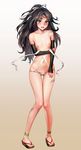  anklet as109 black_hair blue_eyes blush breasts detached_sleeves embarrassed full_body geta gradient gradient_background hair_ribbon highres jewelry kantai_collection katsuragi_(kantai_collection) long_hair looking_at_viewer lowleg lowleg_panties navel nipples open_mouth panties pigeon-toed ponytail ribbon sandals simple_background slingshot_swimsuit small_breasts solo standing swimsuit tears thigh_gap torn_bikini underwear wardrobe_malfunction white_ribbon white_swimsuit 