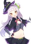  1girl arched_bangs black_capelet black_headwear black_skirt black_sleeves breasts capelet cleavage_cutout clothing_cutout cropped_shirt fragir grey_hair grey_shirt hair_bun hand_on_own_hip hat highres hololive long_hair looking_at_viewer murasaki_shion murasaki_shion_(1st_costume) navel open_mouth shirt sidelocks single_hair_bun skirt small_breasts smile striped_clothes striped_shirt teeth tilted_headwear upper_teeth_only vertical-striped_clothes vertical-striped_shirt virtual_youtuber witch_hat yellow_eyes 
