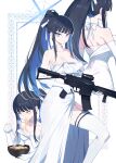  1girl black_hair blue_archive blue_eyes blue_hair blue_halo blush breasts choker chopsticks cleavage closed_eyes closed_mouth colored_inner_hair dress eating elbow_gloves food gloves gun halo highres holding holding_chopsticks holding_gun holding_weapon large_breasts long_hair looking_at_viewer matsumoto_tomoyohi multicolored_hair noodles official_alternate_costume ramen saori_(blue_archive) saori_(dress)_(blue_archive) solo strapless strapless_dress thighhighs weapon white_choker white_gloves white_thighhighs 