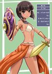  armor ass assal_(sennen_sensou_aigis) bikini_armor bob_cut breasts brown_eyes brown_hair cowboy_shot dark_skin from_behind hair_ornament hairclip highres loincloth looking_back no_panties sennen_sensou_aigis shield short_hair small_breasts smile solo sword translated tsubakiyama_parry weapon 