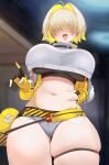  1girl :3 :d absurdres ahoge belly_grab blonde_hair blurry blurry_background breasts cowboy_shot crop_top crop_top_overhang cropped_sweater elegg_(nikke) fang fluffyebi01 gloves goddess_of_victory:_nikke grey_shorts hair_intakes hair_over_eyes hand_up highres large_breasts long_sleeves micro_shorts multicolored_hair navel open_mouth plump short_hair shorts skindentation smile solo sports_bra stomach suspender_shorts suspenders thick_thighs thigh_strap thighs two-tone_hair 