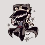  1boy belt black_coat black_footwear black_hair black_headwear black_mask black_pants chain chibi chibi_only coat full_body grey_background hand_in_pocket hat jojo_no_kimyou_na_bouken kotorai kujo_jotaro long_coat looking_to_the_side male_focus no_nose pants red_eyes simple_background solo star_(symbol) 