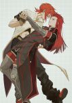  2boys abs asch_(tales) boots checkered_background closed_eyes dancing fingerless_gloves full_body gloves green_eyes grey_background grin high_collar highres long_hair looking_at_another luke_fon_fabre male_focus meba midriff multiple_boys oversized_clothes pants red_hair shirt short_hair sidelocks smile surcoat tales_of_(series) tales_of_the_abyss thigh_boots waltz_(dance) 
