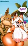akimitsuarts ambiguous_penetration anthro big_breasts breasts brown_body canid canine condom duo eevee female fox generation_1_pokemon green_eyes hair hi_res huge_breasts male male/female mammal nintendo orange_body penetration pokemon pokemon_(species) red_eyes sexual_barrier_device smile spanish_text text white_hair