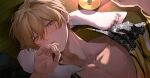  1boy absurdres blonde_hair blue_eyes blush collarbone covering_own_mouth ear_blush hair_between_eyes hand_over_own_mouth highres holostars kishido_temma looking_at_viewer lying male_focus night on_back open_clothes parted_lips sexually_suggestive short_hair sidelighting solo sweat towel towel_around_neck upper_body virtual_youtuber wet wet_hair yonsang_(swordmaster) 