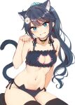  1girl animal_ear_fluff animal_ears bare_arms bare_shoulders bell black_bra black_panties black_thighhighs blue_eyes bra breasts cat_cutout cat_ear_panties cat_ears cat_girl cat_lingerie cat_tail cleavage_cutout clothing_cutout collarbone flower frilled_bra frills grin groin hair_between_eyes hair_flower hair_ornament hand_up head_tilt highres jingle_bell long_hair looking_at_viewer medium_breasts meme_attire nagami_yuu navel neck_bell no_shoes original panties paw_pose ponytail side-tie_panties simple_background smile solo tail thighhighs underwear underwear_only very_long_hair white_background white_flower 