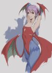  1girl absurdres armpits bare_shoulders breasts capcom demon_girl head_wings highres leotard lilith_aensland pantyhose purple_hair red_eyes red_wings short_hair small_breasts smile solo teeth tyanoki vampire_(game) wings 