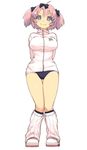  1girl ahoge arms_behind_back blue_eyes bow buruma full_body hair_bow hibari_(senran_kagura) highres jacket knees_together_feet_apart looking_at_viewer loose_socks onigiri_jou pink_hair senran_kagura senran_kagura_shoujo-tachi_no_shin'ei shirt short_hair short_twintails simple_background smile socks solo symbol-shaped_pupils tareme taut_clothes taut_shirt thigh_gap thighs track_jacket twintails white_background wide_hips 