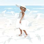  animal bad_id bad_pixiv_id barefoot beach bird bow brown_bow brown_eyes brown_hair dark_skin dress hat hat_bow highres looking_at_viewer namito original outdoors side_ponytail sleeveless sleeveless_dress solo standing sun_hat sundress water white_dress 