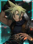  1boy armor blonde_hair blue_eyes blurry blurry_background buster_sword cloud_strife earrings embers final_fantasy final_fantasy_vii gloves highres holding holding_sword holding_weapon jewelry jumpsuit looking_at_viewer male_focus ohji130 purple_jumpsuit short_hair shoulder_armor sleeveless sleeveless_turtleneck solo spiked_hair suspenders sword turtleneck weapon 