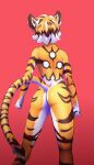  1girl animal_ears arknights ass black_hair blonde_hair body_markings clenched_hands doz_(cookiedoz) facing_away furry furry_female highres legs_apart multicolored_fur multicolored_hair nude red_background simple_background solo standing striped_fur tail tiger_ears tiger_girl tiger_stripes tiger_tail waai_fu_(arknights) white_fur white_hair yellow_fur 