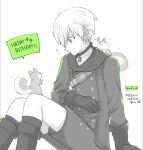  1boy 9s_(nier:automata) akui_(liricoa) arm_support buttons collar double-breasted gloves happy_birthday jacket looking_at_animal nier:automata nier_(series) shorts simple_background sitting solo speech_bubble spot_color squirrel 