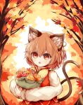  1girl :o animal_ear_fluff animal_ear_piercing animal_ears autumn_leaves bag blush bow bowtie brown_eyes brown_hair cat_ears cat_tail chen commentary_request dress earrings hair_between_eyes highres holding holding_bag jewelry leaf long_sleeves maple_leaf multiple_tails mushroom nekomata no_headwear open_mouth outdoors puffy_long_sleeves puffy_sleeves red_dress ro.ro short_hair single_earring solo tail touhou two_tails upper_body yellow_bow yellow_bowtie 
