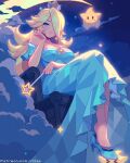  aqua_dress bare_shoulders blonde_hair blue_eyes blush breasts cleavage covered_nipples crescent_moon crown dress hair_over_one_eye hand_on_own_face high_heels highres holding holding_wand itzah lips long_hair looking_at_viewer luma_(mario) mario_(series) moon night pixel_art rosalina sitting strapless strapless_dress super_mario_galaxy wand 