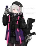  1girl assault_rifle beret black_headwear black_jacket black_skirt blue_eyes bullpup cellphone cowboy_shot desert_tech_mdr flip_phone girls&#039;_frontline gloves grey_gloves grey_hair gun hat heterochromia highres holding holding_gun holding_phone holding_weapon jacket long_hair looking_at_viewer mdr_(girls&#039;_frontline) multicolored_hair one_side_up parted_lips phone pink_eyes pink_ribbon pleated_skirt rampart1028 request_inset ribbon rifle skirt smile solo straight_hair streaked_hair weapon 