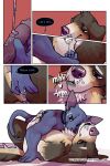 bastriw brown_eyes canid canine canis comic dialogue domestic_cat domestic_dog duo felid feline felis fernando_(bastriw) fingering fluffy genitals hi_res lube male male/male mammal muscular muscular_male nude pato_(bastriw) penis purple_eyes text