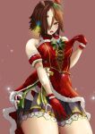 1girl absurdres animal_ears azuki_(azuki_azukki) bare_shoulders blush brown_background brown_eyes brown_hair christmas commentary_request cosplay cowboy_shot daiwa_scarlet_(scarlet_nuit_etoile)_(umamusume) daiwa_scarlet_(umamusume) daiwa_scarlet_(umamusume)_(cosplay) dress ears_down gloves hair_over_one_eye highres horse_ears horse_girl horse_tail long_hair open_mouth ponytail red_dress red_gloves simple_background solo tail thighs umamusume very_long_hair vodka_(umamusume) 