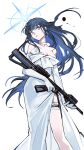  1girl blue_archive blue_eyes blue_hair breasts choker commentary_request dress elbow_gloves feet_out_of_frame gloves gun head_tilt highres holding holding_gun holding_weapon long_hair looking_at_viewer medium_breasts mento parted_lips rifle saori_(blue_archive) side_slit simple_background solo standing strapless strapless_dress very_long_hair weapon white_background white_choker white_dress white_gloves 