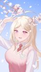  1girl :d absurdres ahoge akamatsu_kaede arm_up blonde_hair brown_necktie collared_shirt danganronpa_(series) danganronpa_v3:_killing_harmony flower gradient_background hair_ornament highres keke_(xfxyuio) long_hair long_sleeves musical_note musical_note_hair_ornament necktie open_mouth pink_eyes pink_sweater_vest shirt smile sweater_vest white_flower white_shirt 