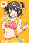  ;d akagi_miria black_hair bracelet character_name heart idolmaster idolmaster_cinderella_girls jewelry kippu looking_at_viewer midriff navel one_eye_closed open_mouth pikapikapop smile solo speech_bubble spoken_heart two_side_up yellow_background 