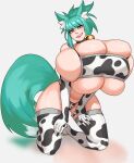 absurd_res animal_humanoid animal_print animal_print_bikini armwear barely_contained barely_contained_breasts big_breasts bikini breasts canid canid_humanoid canine canine_humanoid cleavage clothed clothing cow_print cow_print_armwear cow_print_bikini cow_print_thighhighs cowbell elbow_gloves eyelashes female fox_humanoid gloves green_hair green_tail grey_background grin hair handwear hi_res huge_breasts humanoid lips looking_at_viewer mammal mammal_humanoid pattern_bikini pattern_clothing pattern_swimwear simple_background skindentation smile solo strongmoist swimwear tail under_boob