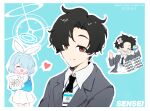  1boy 1girl absurdres arona_(blue_archive) black_hair black_necktie blue_archive blue_archive_the_animation blue_eyes blue_hair blue_halo braid closed_eyes closed_mouth collared_shirt doodle_sensei_(blue_archive) grey_suit hair_over_one_eye hairband halo highres holding long_sleeves male_focus meliach multicolored_hair necktie open_mouth pink_hair pyroxene_(blue_archive) school_uniform sensei_(blue_archive) sensei_(blue_archive_the_animation) shirt short_hair simple_background skirt smile sobbing speech_bubble sticker suit white_hairband white_skirt 