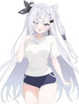  1girl blue_eyes blue_shorts cone_hair_bun cowboy_shot earrings grey_hair hair_bun highres hololive hololive_indonesia jewelry long_hair ogossi shirt shorts single_earring vestia_zeta virtual_youtuber white_background white_shirt 