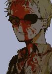 1boy a-p-orange0703 blonde_hair blood blood_on_clothes blood_on_eyewear blood_on_face blood_splatter collared_shirt donquixote_doflamingo expressionless grey_background limited_palette looking_down male_focus nape nose one_piece parted_lips partially_unbuttoned portrait shirt short_hair simple_background solo sunglasses torn_clothes torn_shirt very_short_hair white_background 