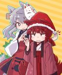  2girls :3 animal_ears apron bright_pupils christmas claw_pose commentary_request cowboy_shot fox_ears fox_girl fox_mask fox_shadow_puppet fox_tail grey_hair grey_tail hair_ribbon hakama hakama_skirt hand_on_headwear hand_up haori hat highres jacket japanese_clothes kimono light_blush long_hair long_sleeves looking_at_another mask mask_on_head multiple_girls multiple_tails notice_lines original parted_lips red_apron red_eyes red_hair red_jacket red_ribbon red_sash red_skirt red_tail ribbon santa_hat sash side_slit simple_background skirt striped_background tail tearing_up twintails wavy_mouth white_kimono white_pupils wide_sleeves yellow_background yukinagi 