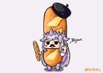  1girl absurdres baguette beret black_beret bread chibi circlet english_text face_jewel facial_hair food food_costume gem_hair_ornament hat highres holoadvent hololive hololive_english jewel_under_eye koseki_bijou multicolored_gemstone mustache ok_sign orangejuicezhe pun purple_hair simple_background 