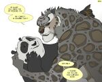 anthro bear dreamworks duo english_text felid flirting fur giant_panda hi_res ksejl kung_fu_panda male male/male mammal markings master_po_ping pantherine snow_leopard spots spotted_body spotted_fur tai_lung_(kung_fu_panda) teasing text