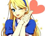  alice_(wonderland) alice_(wonderland)_(cosplay) alice_in_wonderland bad_id bad_pixiv_id blonde_hair blue_eyes cosplay hairband hands_together heart kuma_(persona_4) long_hair looking_at_viewer male_focus one_eye_closed otoko_no_ko persona persona_4 restaint solo star 