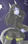  ass black_hair black_legwear constantia_cantacuzino flying from_behind full_moon gun higezamurai_(kurage_gunsou) holding holding_gun holding_weapon long_hair long_sleeves looking_back military military_uniform moon night night_sky pale_skin panties panties_under_pantyhose pantyhose sky solo striker_unit underwear uniform weapon white_skin world_witches_series yellow_eyes 