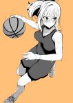  1girl absurdres armpit_crease ball basketball basketball_(object) basketball_jersey blush collarbone commentary_request highres love_live! love_live!_nijigasaki_high_school_idol_club miyashita_ai monochrome motion_lines orange_background orange_eyes parted_lips ponytail running shirt shoes shorts sidelocks sleeveless sleeveless_shirt solo sweat v-shaped_eyebrows wristband yaa-kun 