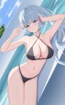  1girl absurdres bare_arms bikini black_bikini blue_eyes blue_sky blunt_bangs blush breasts cleavage cloud collarbone commentary_request day genshin_impact grey_hair grin hair_ornament highres kamisato_ayaka layered_bikini long_hair looking_at_viewer lying medium_breasts on_side outdoors pharmarr pool sky smile solo stomach swimsuit v 