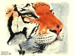 1994 ambiguous_gender benjamin_eren_robinson felid feral fur headshot_portrait mammal multicolored_body multicolored_fur painting_(artwork) pantherine pink_nose portrait solo stripes tiger traditional_media_(artwork) watercolor_(artwork) whiskers yellow_eyes