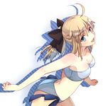  ahoge artoria_pendragon_(all) bikini blonde_hair bow derivative_work fate/stay_night fate/unlimited_codes fate_(series) green_eyes hair_bow highres kanasiinezimakineko long_hair looking_at_viewer open_mouth ponytail saber saber_lily solo strapless swimsuit tubetop 