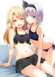  2girls alternate_costume bikini black_bikini black_hairband blonde_hair blue_bikini blush bow braid commentary_request grey_eyes grey_hair hair_bow hairband highres kirisame_marisa konpaku_youmu kyanta5354 long_hair looking_at_viewer midriff multiple_girls navel no_headwear open_mouth purple_bow short_hair side_braid single_braid sitting smile sports_bikini swimsuit touhou yellow_eyes 