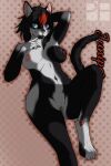 2024 2:3 absurd_res anklet anthro areola artist_logo big_breasts blue_eyes breasts clitoral_hood_piercing colored colored_nails digital_media_(artwork) digitigrade domestic_cat facial_piercing felid feline felis female fur genital_piercing genitals hair hi_res highlights_(coloring) humanoid_genitalia jewelry juniper_(pxlfx69x) logo looking_at_viewer lying mammal nails nipple_piercing nipples nude on_back piercing portrait pxlfx69x simple_background smile solo tail teeth_showing three-quarter_portrait tuxedo_cat
