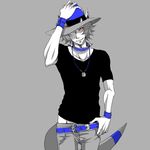  belt collar fangs gen_4_pokemon grey_background hand_on_headwear hat jewelry kurage_miho limited_palette male_focus necklace one_eye_covered pants_pull personification pokemon rampardos red_eyes ring shirt solo spiked_collar spikes t-shirt tail wristband 