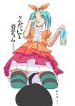  1boy 1girl ahoge alternate_legwear aqua_eyes aqua_hair araragi_koyomi black_hair dress food fu-ta hat monogatari_(series) ononoki_yotsugi popsicle simple_background striped striped_legwear thighhighs twintails white_background wrapper 