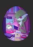  a_dream absurdres alarm_clock bob_cut book bookshelf chair clock colored_skin food gardevoir green_hair hair_over_one_eye highres keyboard_(computer) monitor mouse_(computer) multicolored_skin nintendo_switch pink_eyes playing_games pocky poke_ball pokemon pokemon_(creature) ralts sitting two-tone_skin white_skin 