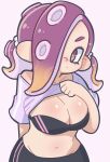  1girl black_bra bra breasts cleavage clothes_lift gradient_hair hair_over_one_eye hekoningyou_(waraningyou) highres large_breasts lifted_by_self looking_at_viewer low_twintails multicolored_hair navel octoling_girl octoling_player_character purple_eyes purple_hair shirt shirt_lift solo splatoon_(series) suction_cups tentacle_hair twintails underwear white_background 