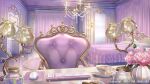  armchair artist_name bed bedroom blanket cabinet candy candy_jar chair chandelier checkerboard_cookie cookie cup curtains flower food highres himeno_aimu indie_virtual_youtuber indoors jar keyboard_(computer) lamp mouse_(computer) muntins no_humans official_art pillow pink_flower pink_rose plate rose rug saucer scenery stool sugawa_mako table tea teacup teapot teaspoon vanity_table vase window 